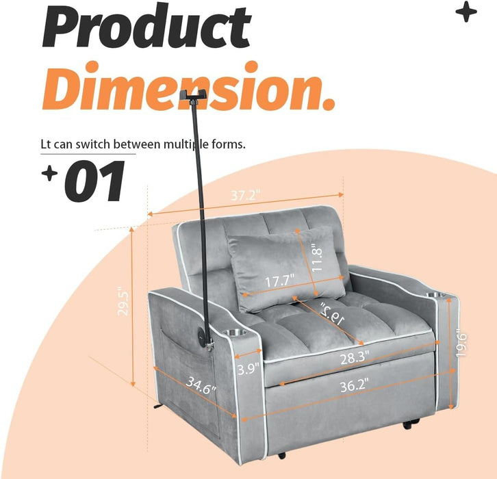 Gray Convertible Sleeper Chair With Builtin Cupholder