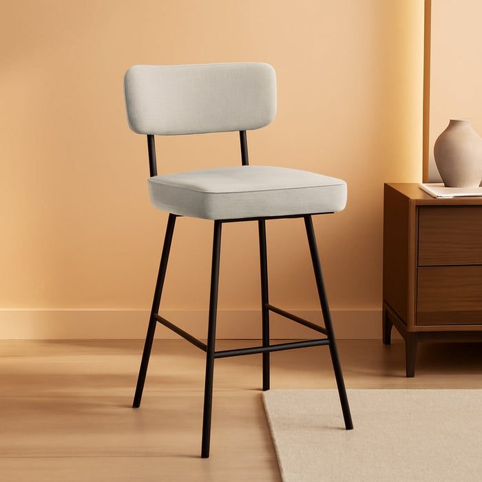 Giselle Swivel Bar Stools (Set of 2) - 29 Inch Seat Height Upholstered Metal Chairs in Light Grey Polyester Linen, Contemporary Seating for Kitchen or Bar with Cushioned Seat and Back