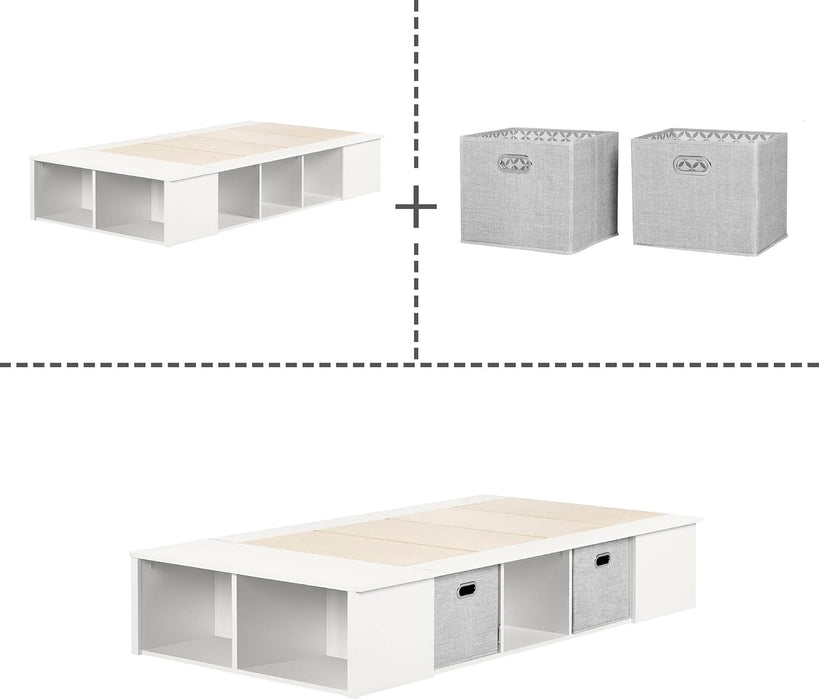 Flexible Platform Bed with Baskets Pure White, Contemporary
