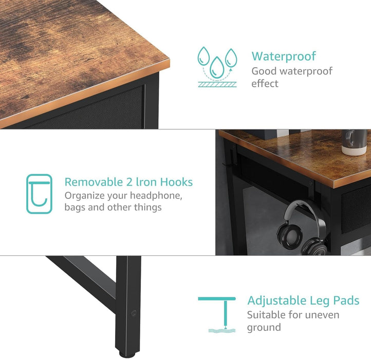 Computer Desk with Fabric File Drawers Cabinet, 57 Inch Home Office Desks with Filing Cabinet Printer Stand for Small Space, Study Writing Table PC Gaming Desks for Bedroom, Brown Black