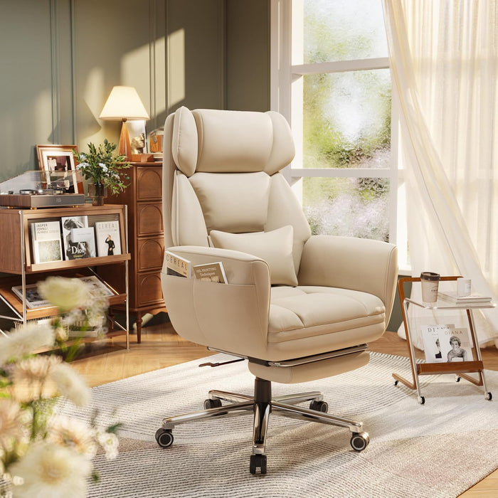 Ergonomic Criss Cross Office Chair with Footrest, Wide Executive Desk Chair with Foldable Armrest for Big and Tall, High Back Computer Chair-120° Tilt Vanity Chair for Meditation,Home,Ivory