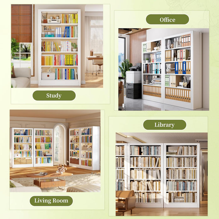 Bookshelf, 71" H Tall White Bookcase, 5-Tier Bookcase Metal Sturdy Bookshelf with Adjustable Shelves,Heavy Duty Book Cases for Living Room, Library, School, Study, Home Office