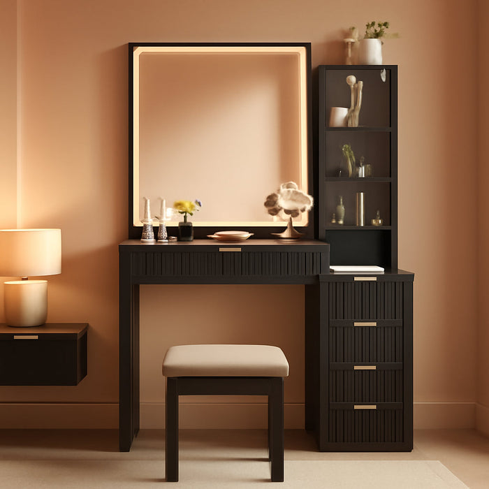 Black Vanity Desk with Mirror and Lights with Stool, 43.5'' Fluted Makeup Vanity with 6 Drawers and Adjustable Shelves,Wood Make up Vanity Set with Glass Top and Power Outlet for Bedroom