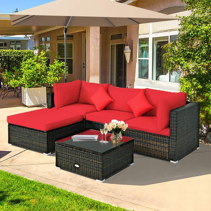 5-Piece Patio Conversation Set - Outdoor PE Rattan Furniture Set W/Glass Coffee Table, Back & Seat Cushions, Soft Pillows, Sectional Sofa Set for Porch, Backyard (Red)