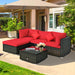 5-Piece Patio Conversation Set - Outdoor PE Rattan Furniture Set W/Glass Coffee Table, Back & Seat Cushions, Soft Pillows, Sectional Sofa Set for Porch, Backyard (Red)