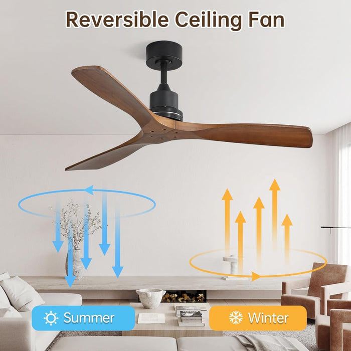 Wood Ceiling Fan No Light, Walnut, 52" Ceiling Fan without Light, Flush Mount, Modern Solid Wood 3 Blade Ceiling Fans with Remote for Indoor Farmhouse Bedroom Living Room Outdoor Patio Porch