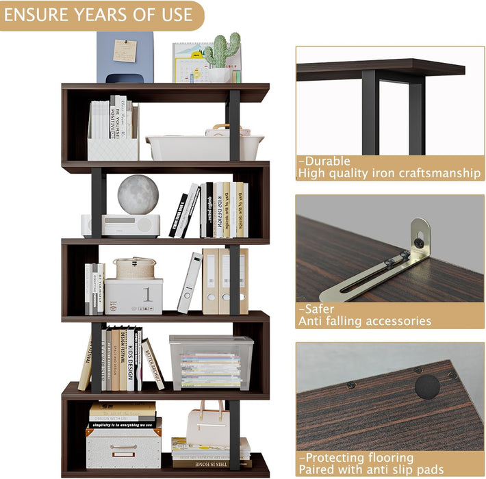 5-Tier Bookshelf Geometric Bookcase S Shaped Modern Book Shelf | Wood Decorative Storage Display Stand Shelves for Living Room, Home Office, Bedroom, Dinning Room