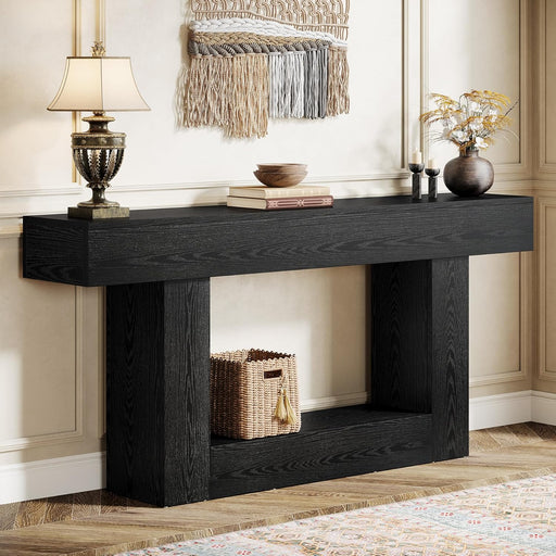 63" Console Table, Farmhouse 2-Tier Entryway Table with U-Shaped Base, Narrow Long Wood Sofa Table behind Couch Table for Living Room, Hallway, Foyer, Black