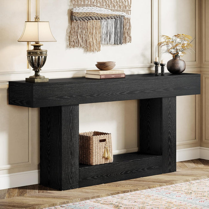 63" Console Table, Farmhouse 2-Tier Entryway Table with U-Shaped Base, Narrow Long Wood Sofa Table behind Couch Table for Living Room, Hallway, Foyer, Black