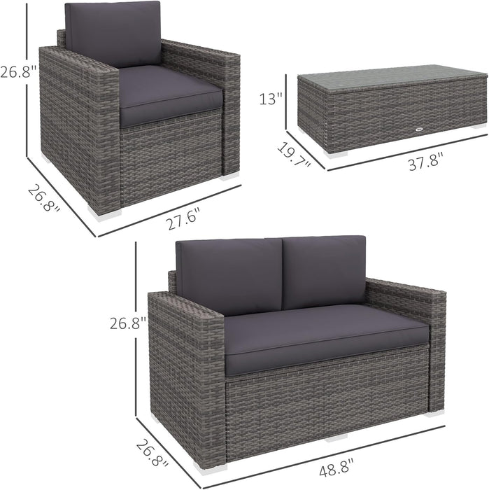 4 Piece Wicker Patio Furniture Set with Cushions, Outdoor Sectional Furniture with 2 Sofa, Loveseat, and Glass Top Coffee Table, Conversation Sofa Sets for Garden, Gray