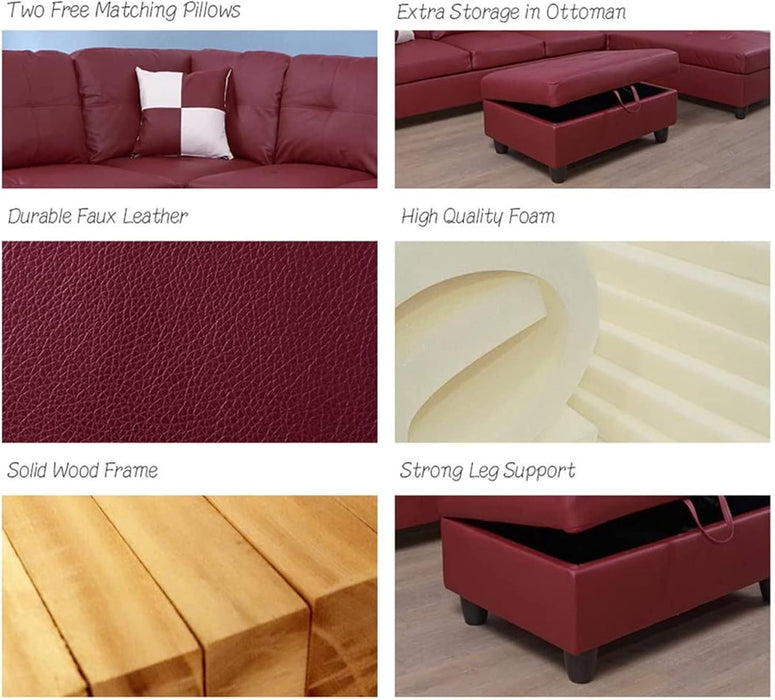 Sectional Sofa Faux Leather Modern L Shaped Couch Set 103.5”Wide Including Chaise and 3 Seating Sofa with Storage Ottoman for Living Room Furniture (Right Hand Facing, B-Red)