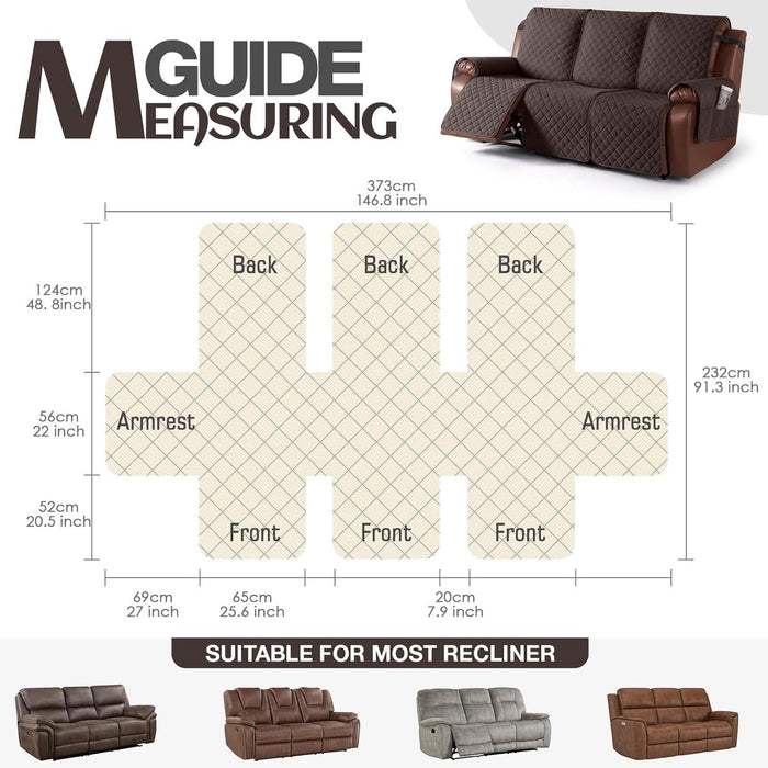 Waterproof Recliner Sofa Cover, Non-Slip Reclining Couch Covers for 3 Seat, Recliner Couch Cover Furniture Protector with Elastic Straps for Pets, Kids, Chocolate
