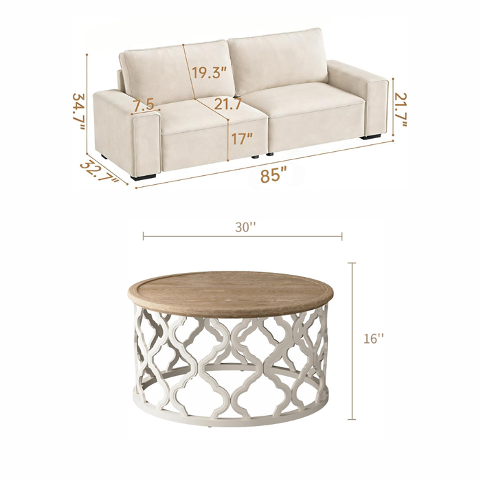 Beige Chenille 85" Sofa & Round Farmhouse Coffee Table Set, 2-Seater Living Room Bundle