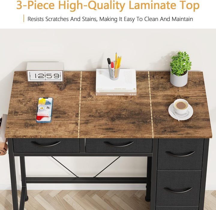 Small Desk with 5 Fabric Drawers, 33 Inch Writing Desk for Home Office, Simple PC Desks for Small Place, Kids Girls Teen Study Table Vanity for Bedroom, Dorm, Rustic Brown, 14" D