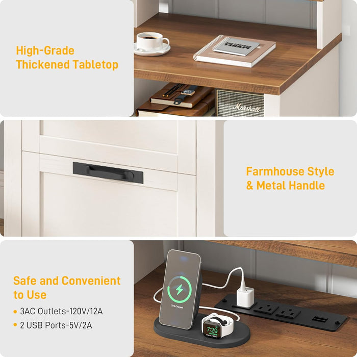 61" Farmhouse Executive Desk with LED Lights and Power Outlets,Computer Desk with Monitor Stand & File Drawers,Large Workspace with Storage Drawers for Home Office,Study,White
