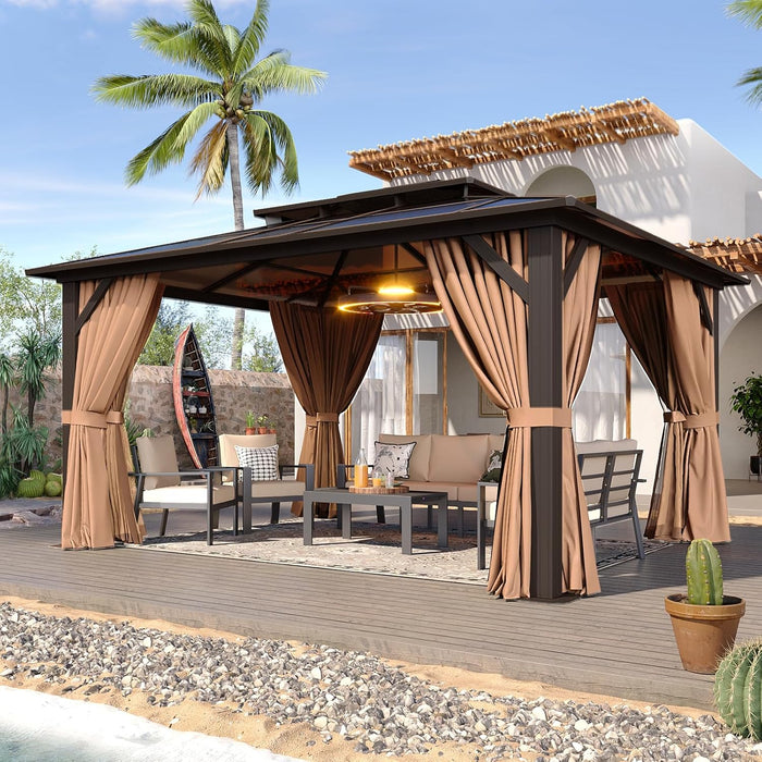 12'X10' Hardtop Gazebo, Aluminum Frame Permanent Pavilion with Curtains and Netting, Outdoor Polycarbonate Double Roof Canopy, Designed for Garden, Lawns, Patio, Brown