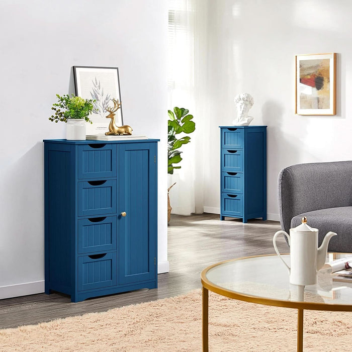 Wooden Bathroom Floor Cabinet, Side Storage Organizer Cabinet with 4 Drawers and 1 Cupboard, Freestanding Entryway Storage Unit Console Table, Bathroom Furniture Home Decor, Navy Blue