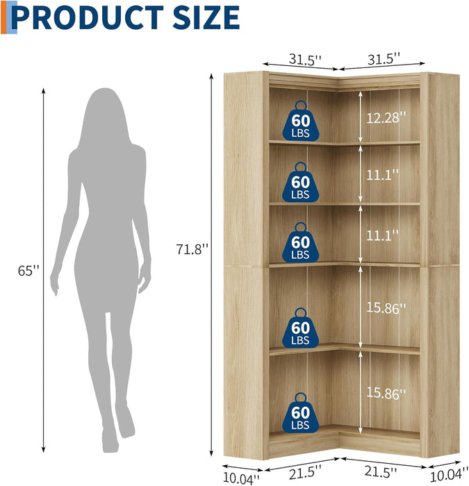 Corner Bookshelf 71 Inch Weathered WalnutFinish Organizer