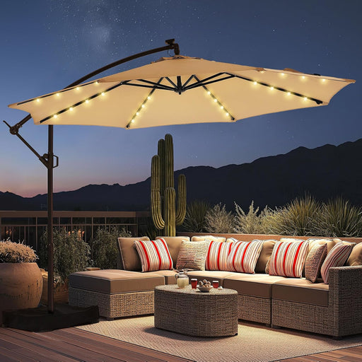 10Ft Solar Lights Offset Cantilever Patio Umbrella - W/Light and Base, LED Lighted Offset Hanging Patio Outdoor Market Umbrella UPF50+ UV Protection with Easy Tilt and Crank (Beige)