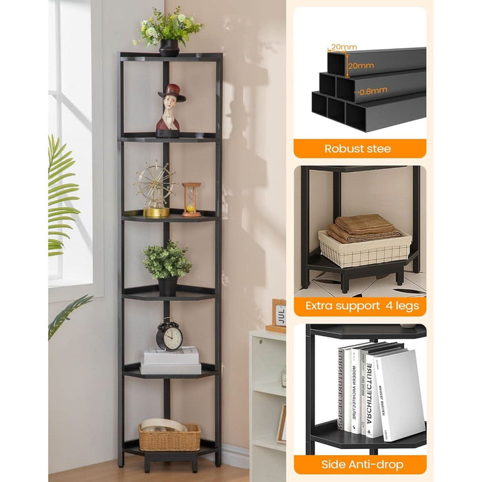 Corner Shelf Stand, Corner Bookshelf, Storage Standing Shelf Unit with Metal Frame, Plant Stand, Corner Bookcase for Living Room, Home Office, Bedroom, 6-Tier Black CS06006B
