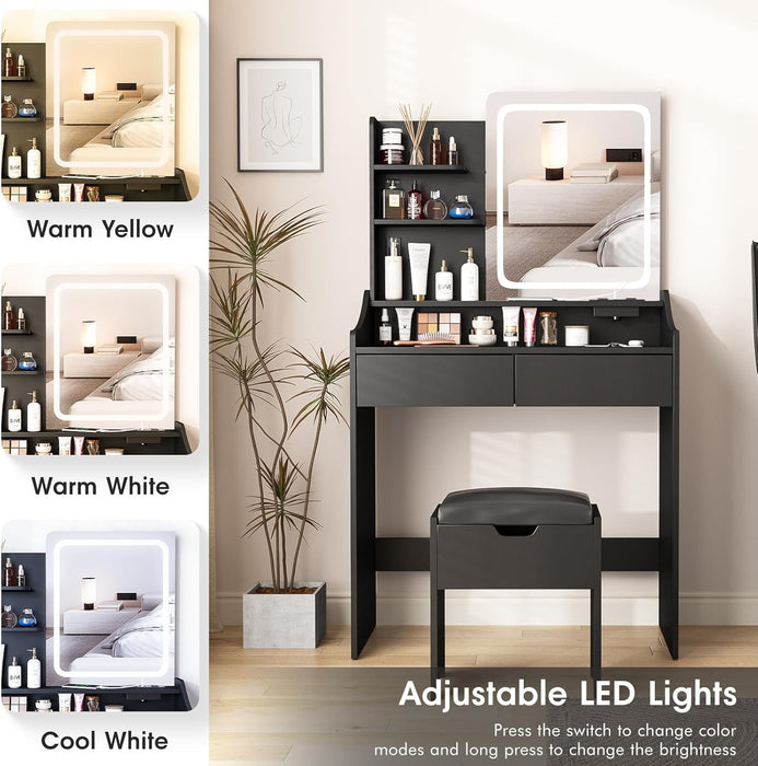 Vanity Desk with LED Light Mirror and Charging Station, Small Cute Vanity Set with 4 Storage Shelves 2 Drawers, Vanity for Girls Women with Storage Stool, Vanity Table for Bedroom (Black)