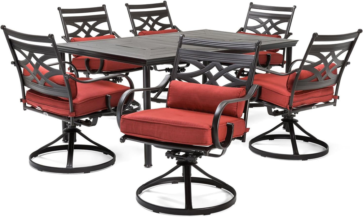 Montclair 7-Piece Outdoor Dining Set with 6 Swivel Rockers, Chili Red Cushions and Stamped Steel Rectangular Dining Table, Patio Dining Set for 6, Premium All-Weather Patio Furniture for Deck
