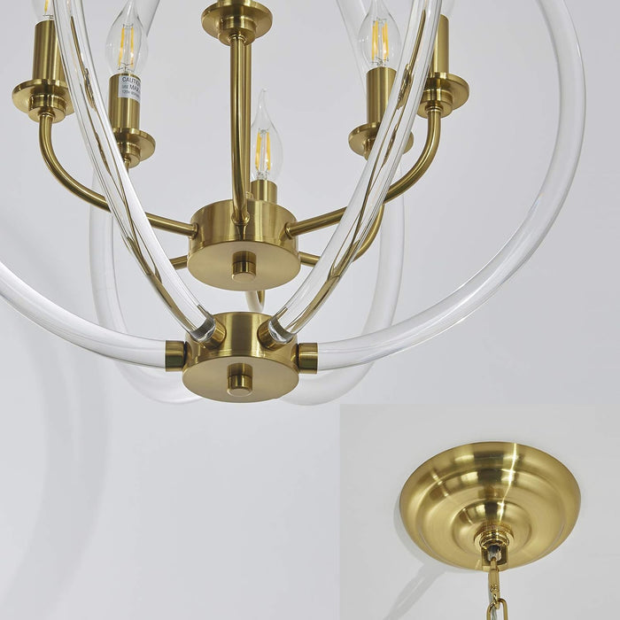 Six Globular Pendant Chandelier Acrylic Brass Finish