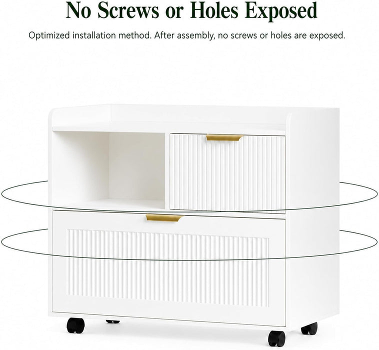 Lateral File Cabinet with Fluted Drawers, White Wooden Office Cabinet with Storage, Rolling Printer Stand with Drawers, Mobile File Cabinet for Home Office, Fits A4/Letter/Legal Files