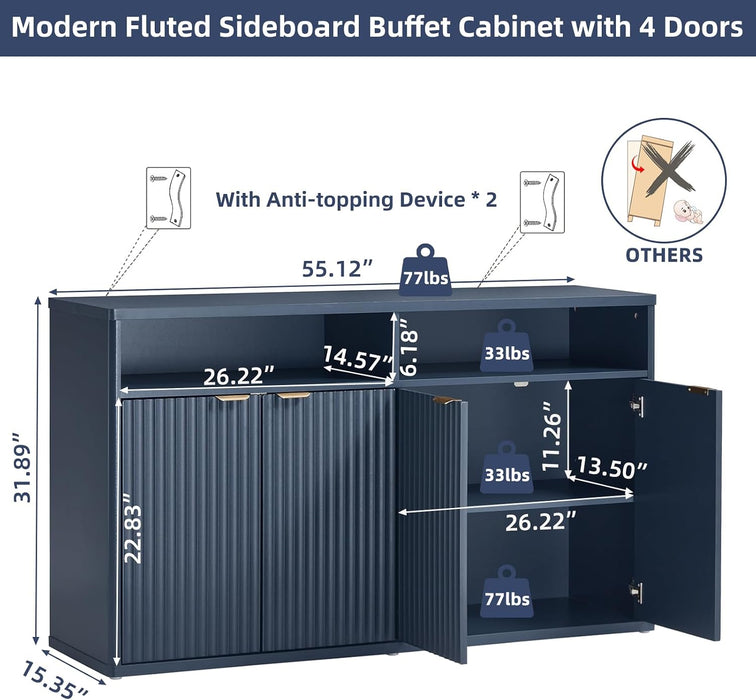 55-Inch Fluted Buffet Cabinet with 4 Doors,Dark Blue | Fluted Wood Credenza with Adjustable Shelves and Open Storage for Dining Rooms, Kitchens, Entryways or Living-Room Media