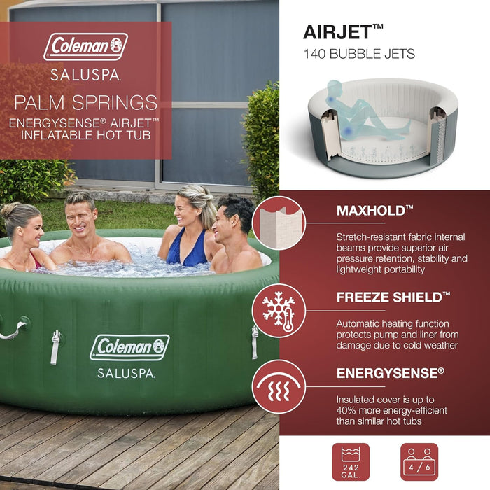 Palm Springs Energysense Airjet Inflatable Hot Tub Spa (77" X 28") | Portable Hot Tub with 2 Covers (1 Energy-Efficient Thermal Cover and 1 Standard Cover) | Fits up to 4-6 Persons | Green