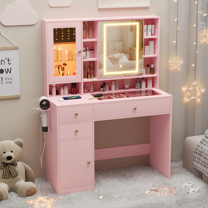 Pink Makeup Vanity Console With Illuminated Mirror