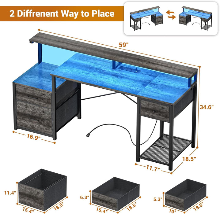 Computer Desk with 3 Drawers, Home Office Desk with File Drawer & Power Outlet, 59'' Gaming Desk with Led Lights, Work Desk with Storage Shelves, Printer Cabinet and Monitor Shelf, Grey Oak