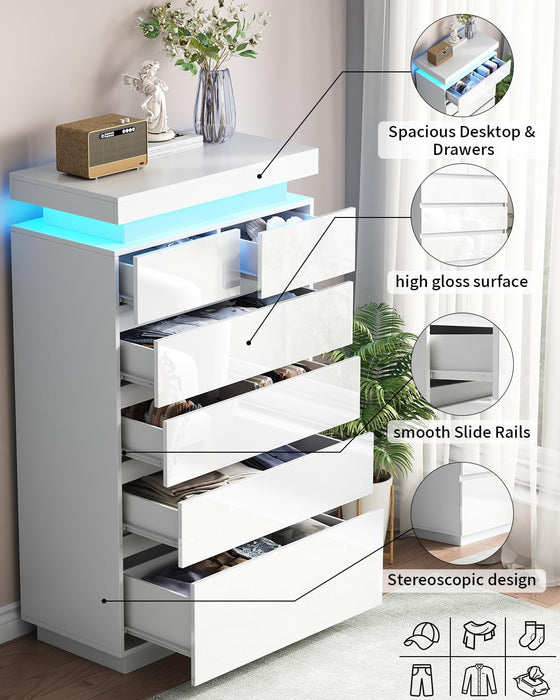 6 Drawer Dresser for Bedroom with LED Lights, White Modern High Gloss Chest of Drawers for Closet, Tall Drawer with Adjustable LED Light, for Living Room, Entryway, Dressing Room