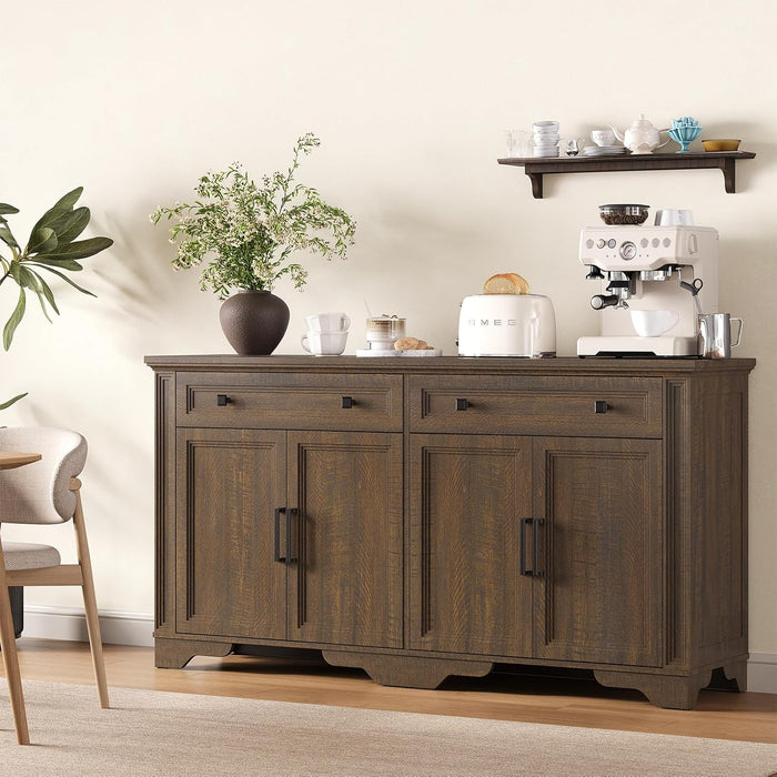 63" Sideboard Buffet Cabinet, Kitchen Buffet Storage Cabinet, Large Credenza with Drawers & Doors, Wood Coffee Bar Console Wine Bar for Living Room Hallway Brown