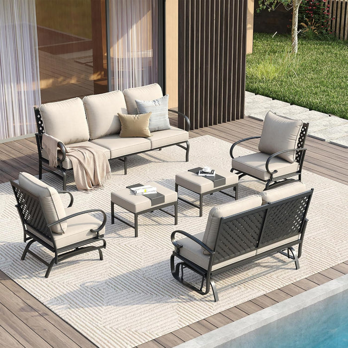 5 Pieces Patio Furniture Set for 7, Outdoor Conversation Set Includes 3-Seat Outdoor Sectional Sofa, 1 Patio Loveseat, 2 Rocking Patio Chairs and 2 Ottomans with Cushions for Garden, Beige