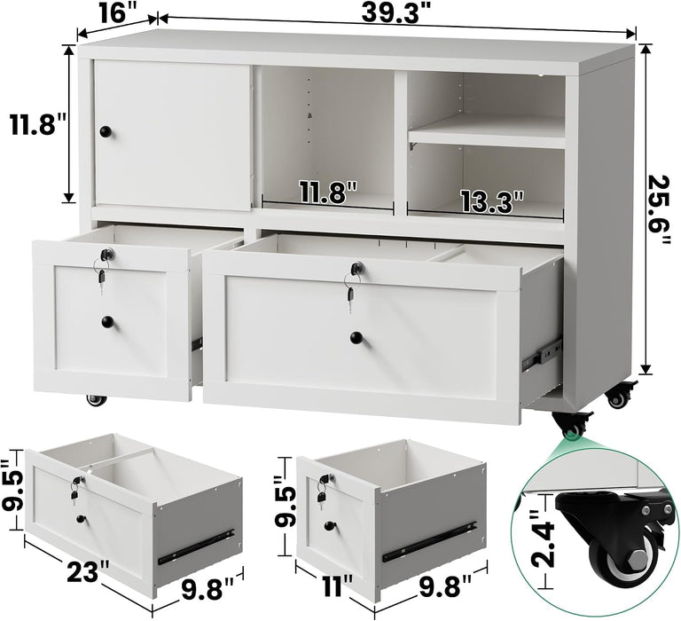 2 Drawer Mobile File Cabinet with Lock,Metal Lateral Filing Cabinet with Shelves,Printer Stand with Storage