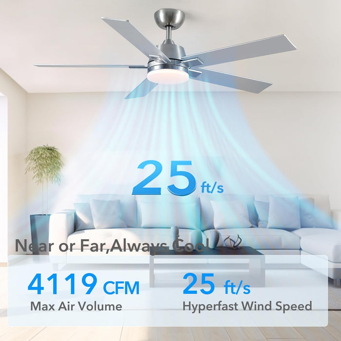 52 Inch Ceiling Fans with Lights and Remote, Brushed Nickel Ceiling Fan, 6 Speed Reversible DC Motor, 3CCT Dimmable LED, Modern Design for Bedroom, Living Room & Covered Outdoor,Includes Downrod
