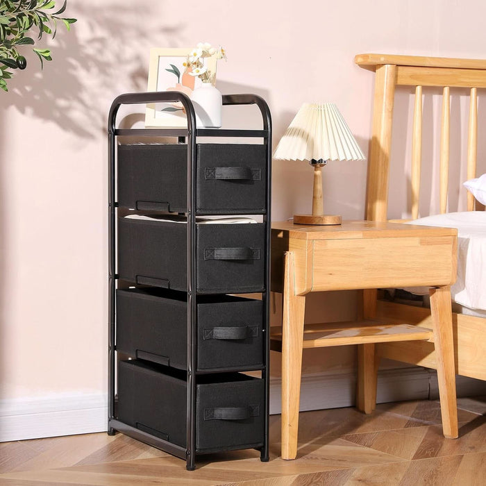 4 Drawer Narrow Fabric Dresser Storage Tower With Wood Top Black 4 Drawer Narrow Fabric Dresser Storage Tower With Wood Top Black
