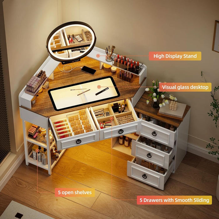 Corner Vanity Desk with Rotating Mirror and Lights,Glass Top Makeup Vanity with Human Body Senor&Charging Station,Led Vanity Table Set with 5 Drawers and Shelves for Bedroom