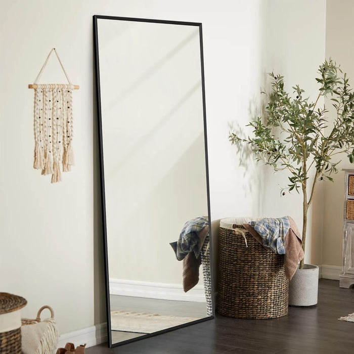 47"X16" Full Length Mirror with Standing Holder Aluminum Alloy Frame Floor Mirror Wall-Mounted Mirror for Living Room, Bedroom, Hanging or Leaning against Wall, Black (With Stand)