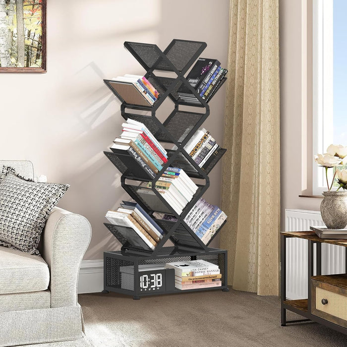 9-Tier Space Saving Book Shelf with Storage,Bedroom Shelves Folding Bookshelves,No Installation Required Shelf Tree Metal Bookshelf for Living Room,Study,Home Office,Bed Room (Black)