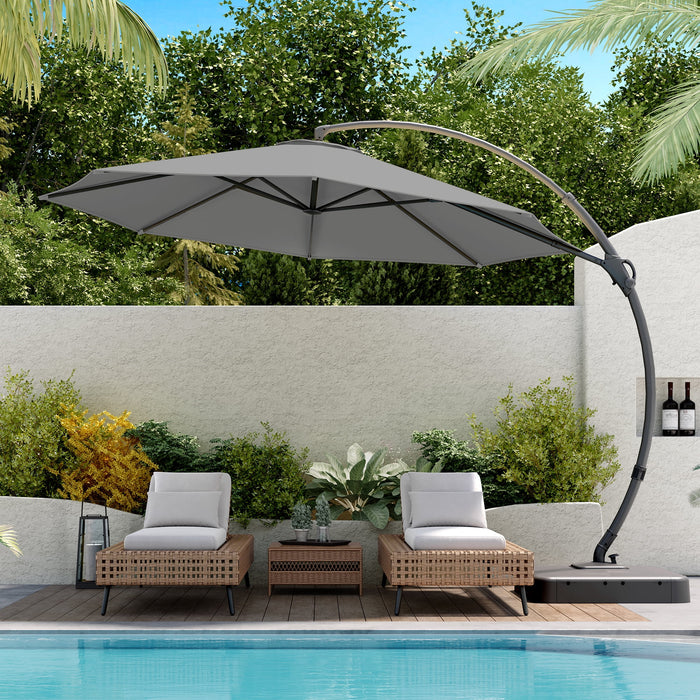 11FT Deluxe Patio Umbrella with Base, Outdoor Large Hanging Cantilever Curvy Umbrella with 360° Rotation, Gray