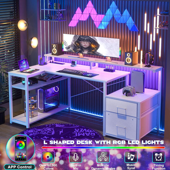L Shaped Desk with File Drawer, Reversible L Shaped Computer Desk Gaming Desk with Power Outlet & LED Strip, Home Office Desk with Monitor Shelf, Corner Desk with Storage Shelves, White