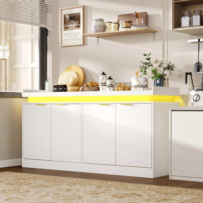 63" Sideboard Buffet Cabinet, Kitchen Buffet Cabinet Storage Cabinets with Power Outlets & LED Light, Modern Sideboard Coffee Bar Buffet Cabinets for Kitchen, Dinning, Living Room, White