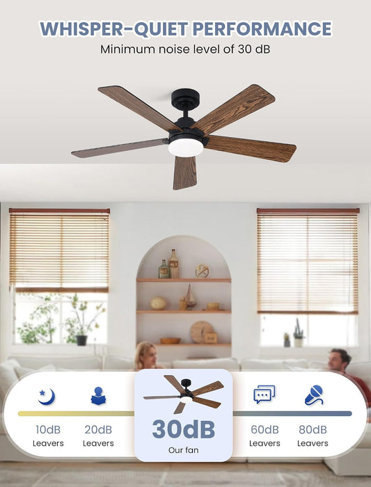 48 Inch Ceiling Fans with Lights and Remote, Downrod Mount, Sloped Ceiling Compatible up to 15°, Quiet Reversible DC Motor, 3CCT Dimmable LED, Black Ceiling Fan for Bedroom Living Room