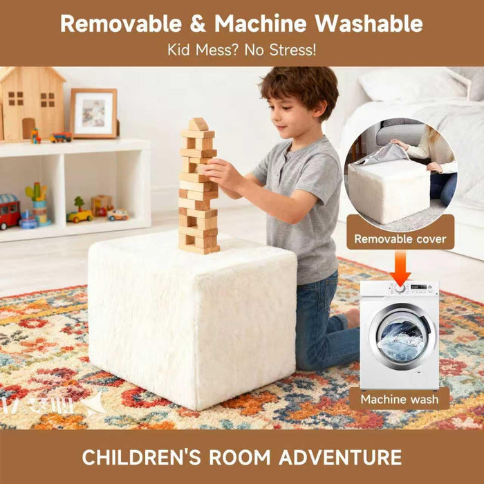 Square Stuffed Pouf Ottoman, Plush Poufs with Foam Chunk Filling, Foot Rest Stool for Living Room, Cream