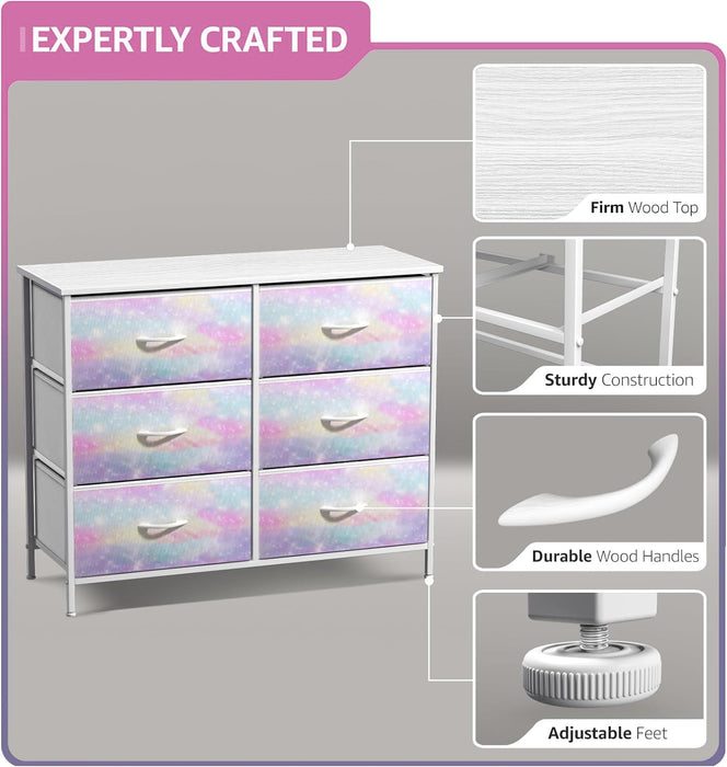 Kids Dresser with 6 Drawers - Storage Chest Organizer Nightstand - Steel Frame, Wood Top, Tie-Dye Fabric Bins for Clothes - Wide Furniture for Bedroom, Hallway, Nursery, Closet, & Apartment