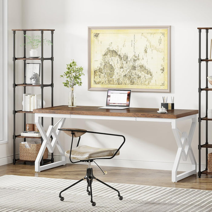 63 Inch Executive Desk, Large Office Desk with Metal Frame, Ergonomic Writing Desk Computer Workstation, Modern Wood Computer Desk for Home Office, Easy Assembly (Brown+White)