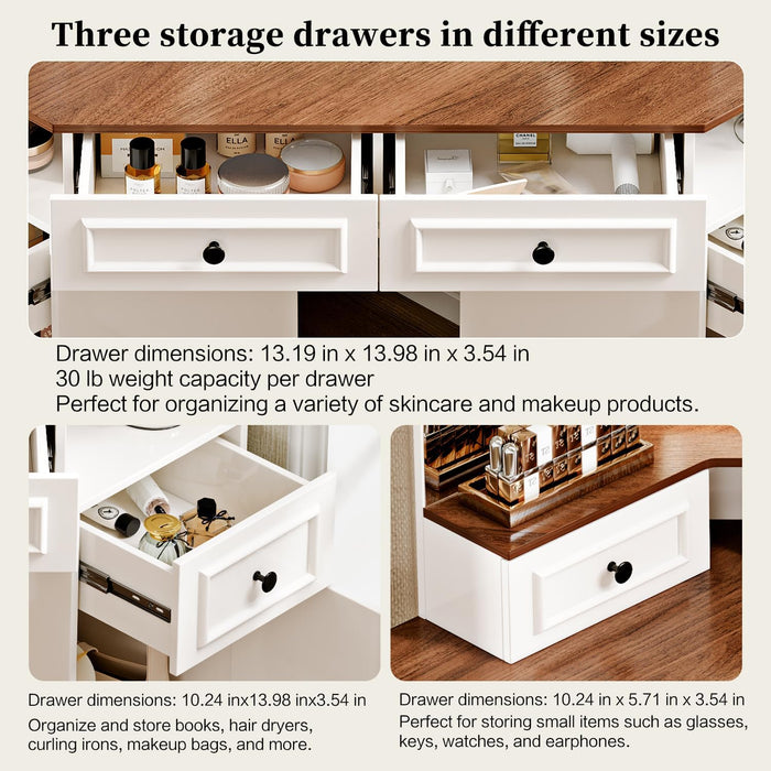 Corner Vanity Desk with Mirror and Lights,Makeup Vanities with Power Outlet and 6 Drawers, 3 Light Settings, Dimmable for Women Girls, Bedroom, White