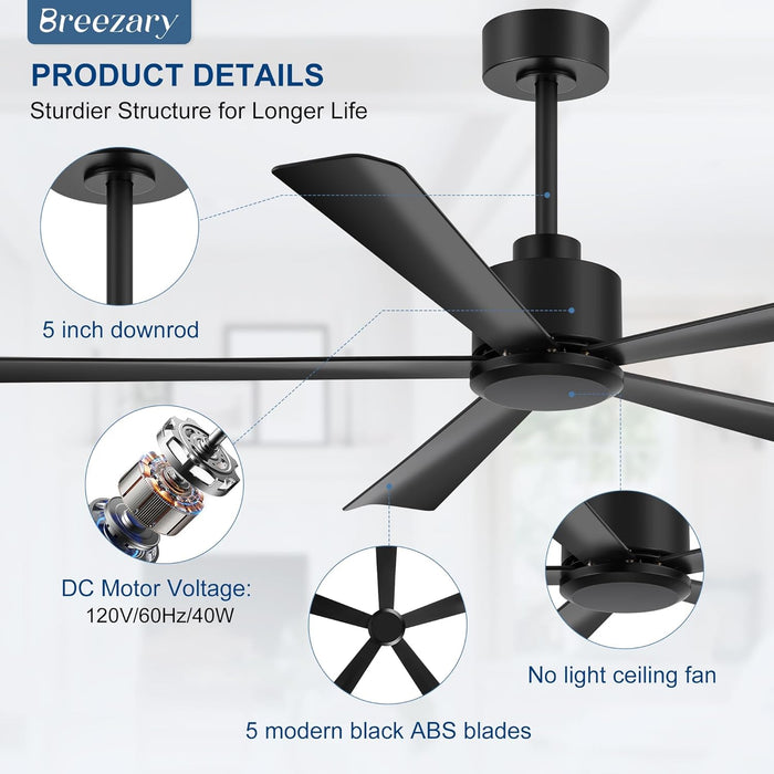 52 Inch 5 Blade Ceiling Fans without Light Remote Control, Quiet Reversible DC Motor, 5 Black Blades, 6-Speed, Industrial Ceiling Fan for Home Kitchen (Black)